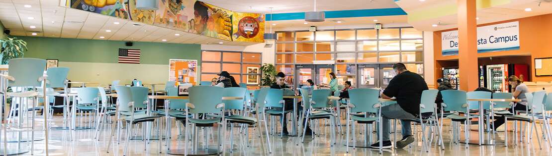 A landscape shot of a student lounge area at Pima's Desert Vista Campus