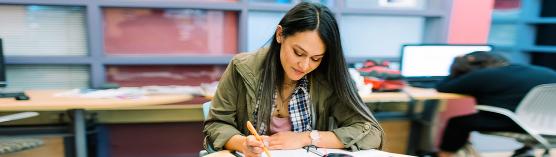 A student works in a library