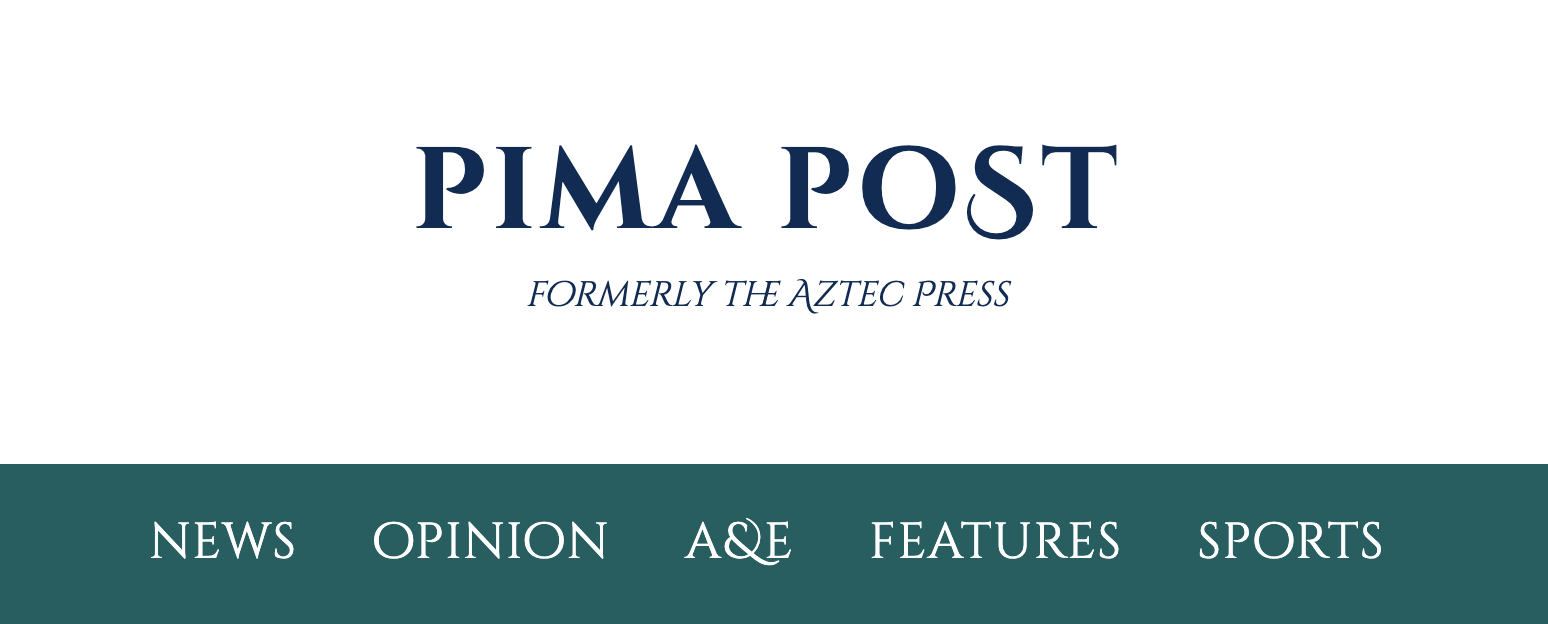 The Pima Post homepage reads "Pima Post, formerly the Aztec Press" in green letters over a white background. Beneath this text, there are four headings written in white text over a green background that read: "News", "Opinion", "A&E", "Features", "Sports"